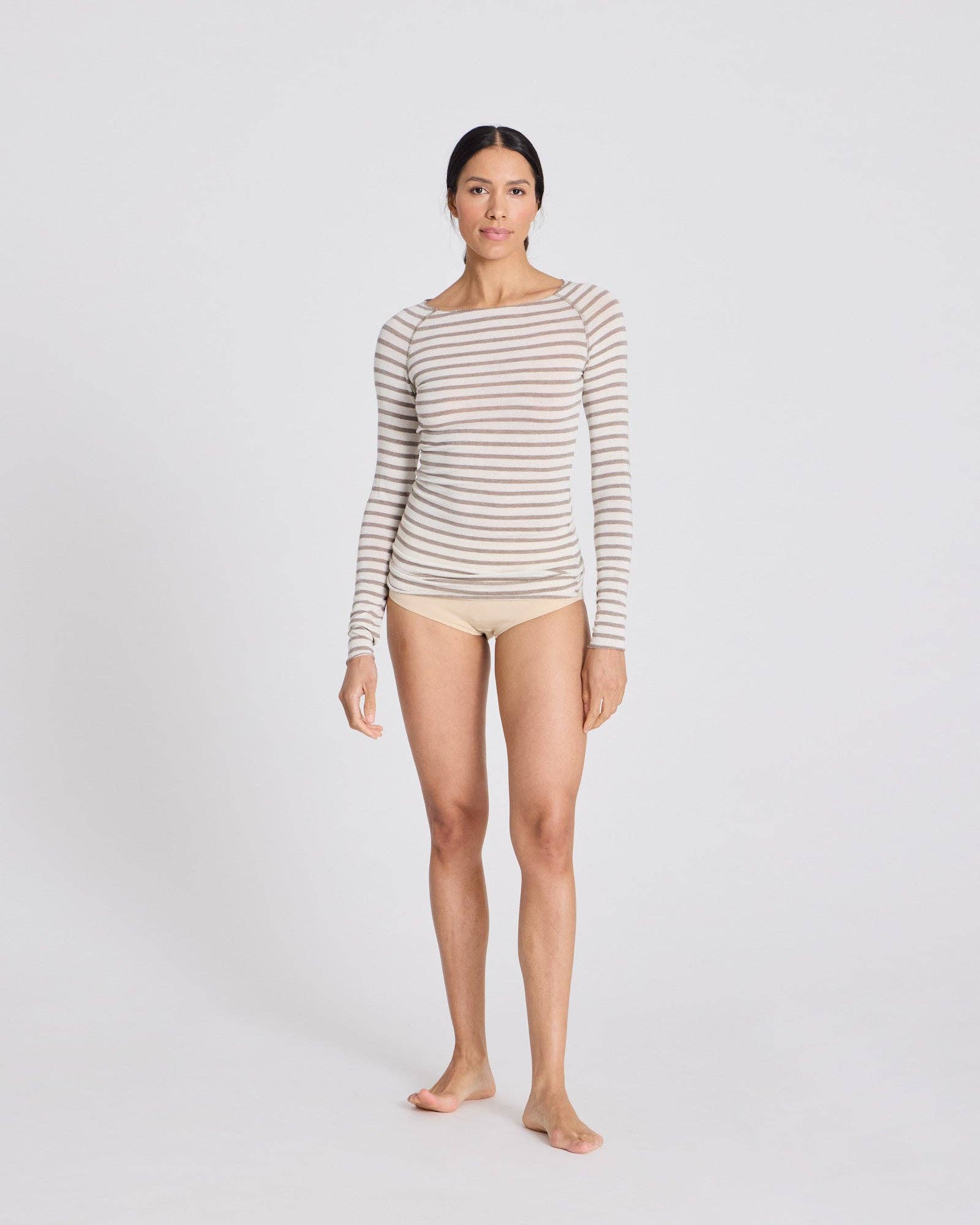 Maglia Amalie a righe marinare in lana ecru e grigio mélange