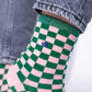 Calzini a scacchi in cotone pettinato verde e rosa