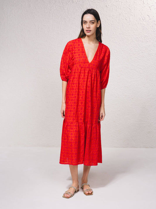 Abito midi in cotone ricamato sangallo