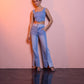 Jeans denim a vita alta con gamba ampia e spacchi