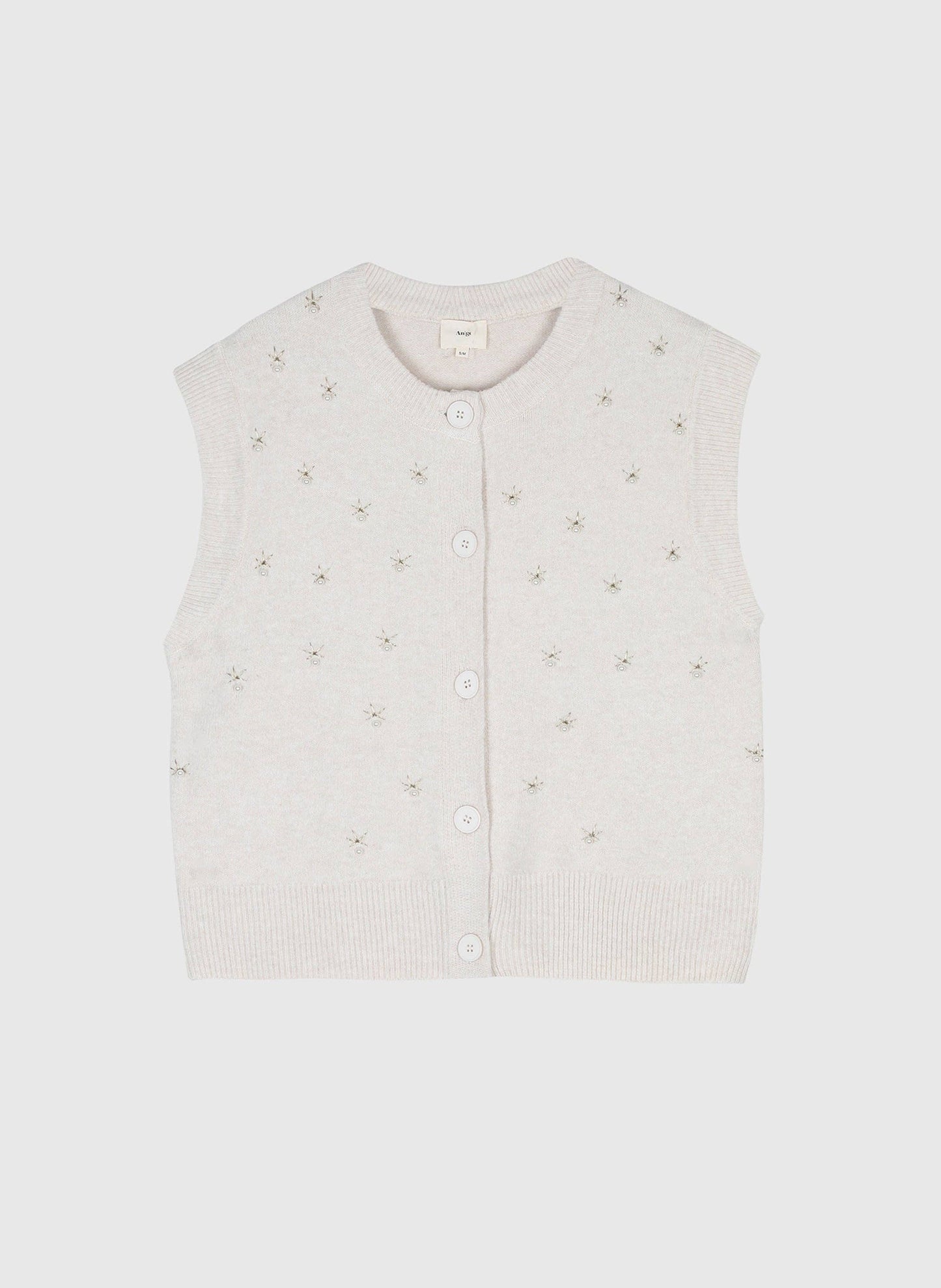 Cardigan smanicato in maglia écru con perle