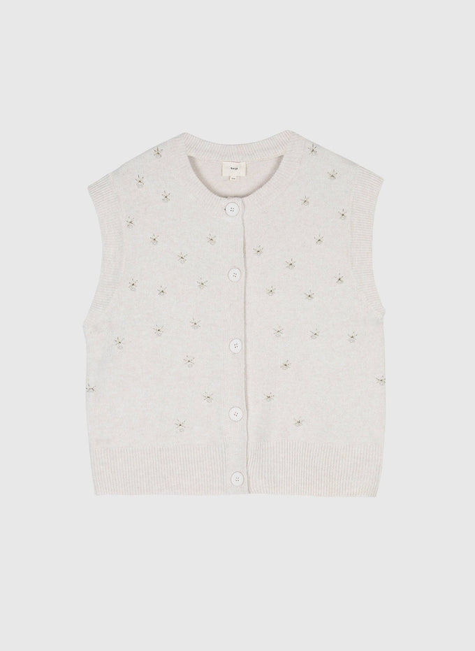 Cardigan smanicato in maglia écru con perle