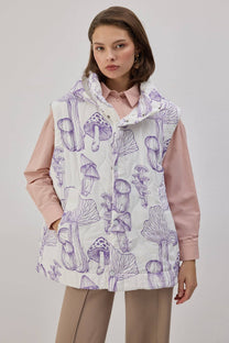 Gilet imbottito con cappuccio e stampa funghi
