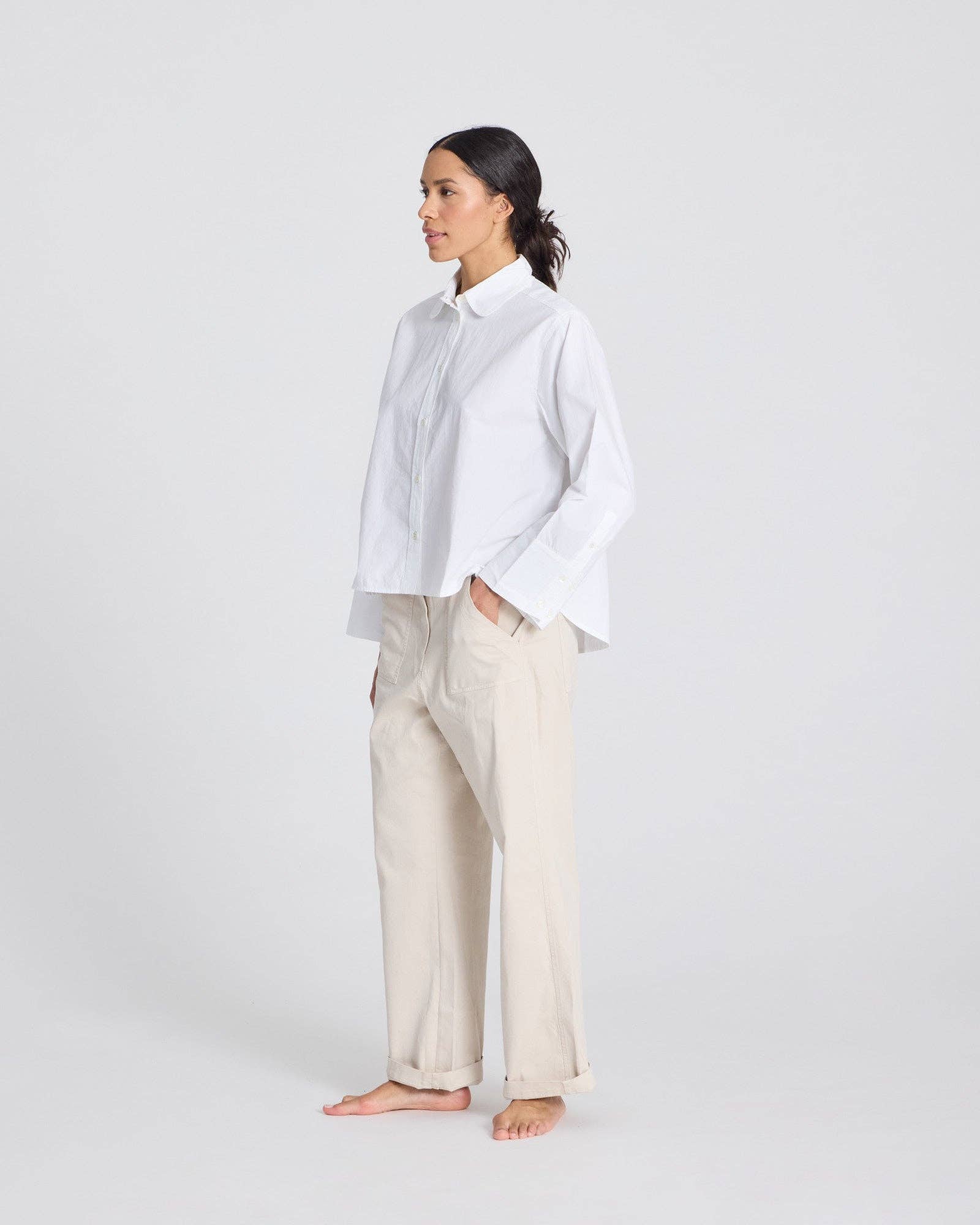 Camicia corta Flora in popeline di cotone biologico bianca