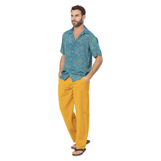 Pantaloni lunghi estivi da uomo in misto lino giallo