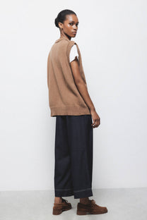 Pantaloni wide leg in denim con impunture a contrasto