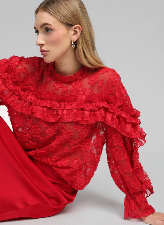 Blusa Soely rossa trasparente jacquard con volant