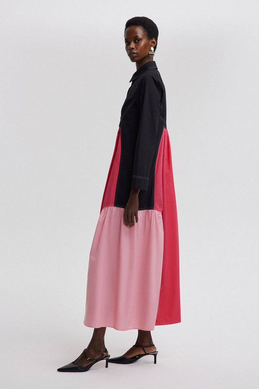 Abito maxi color block con colletto in misto cotone