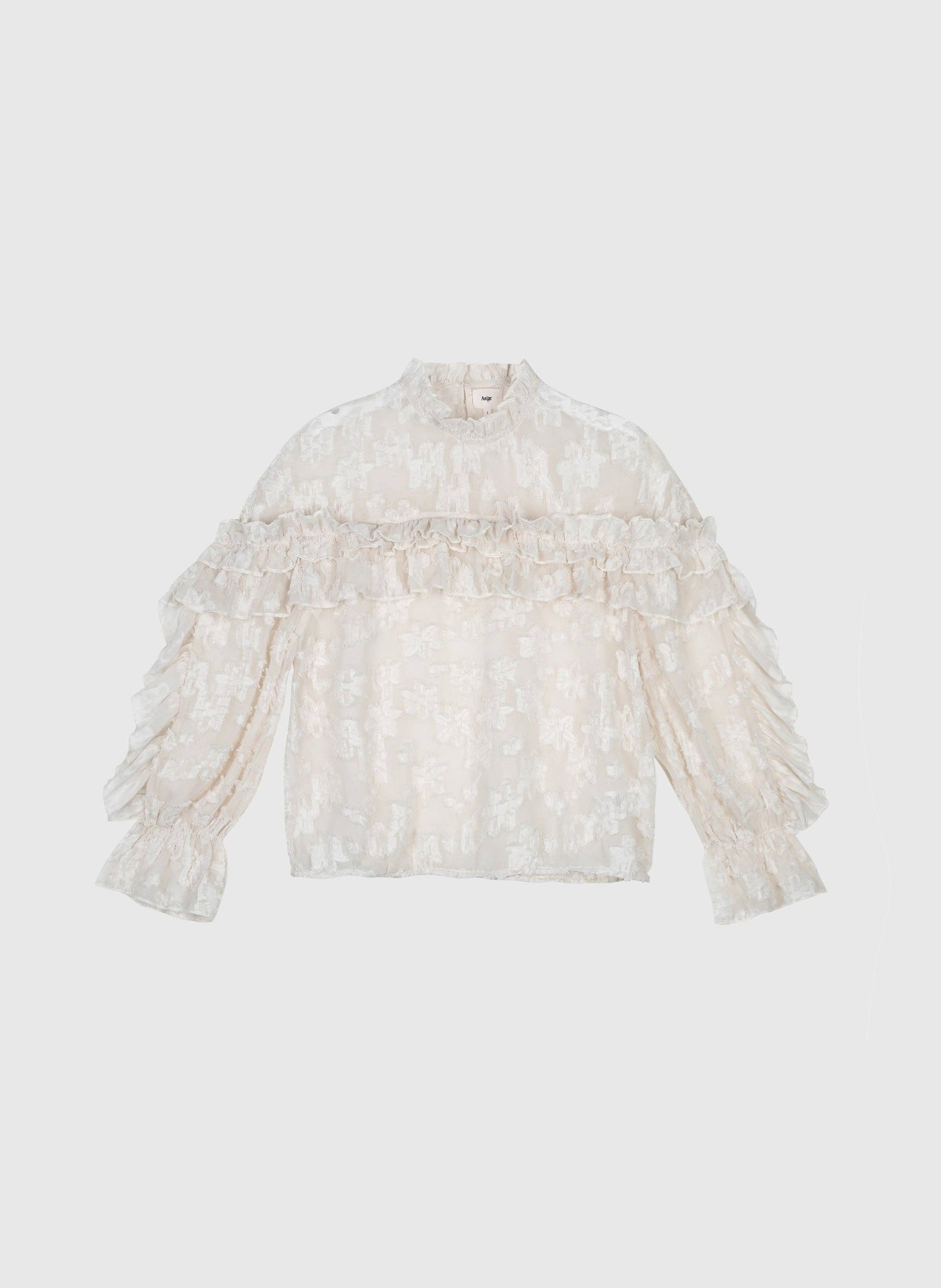 Camicia Soely écru in jacquard trasparente con volant