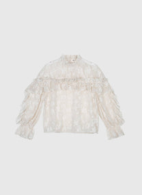 Camicia Soely écru in jacquard trasparente con volant