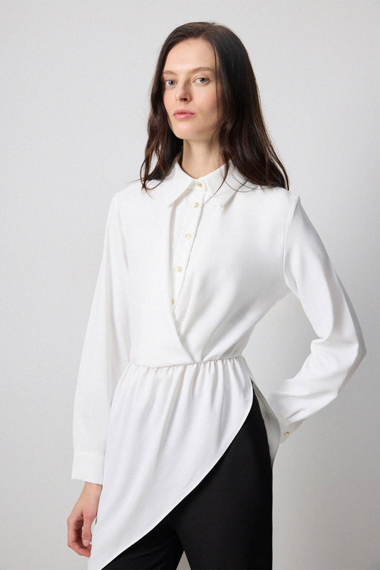 Tunica Camicia Asimmetrica Bianca con Vita Arricciata