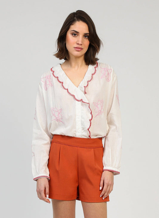 Camicia blusa Soumila écru ricamata in voile di cotone