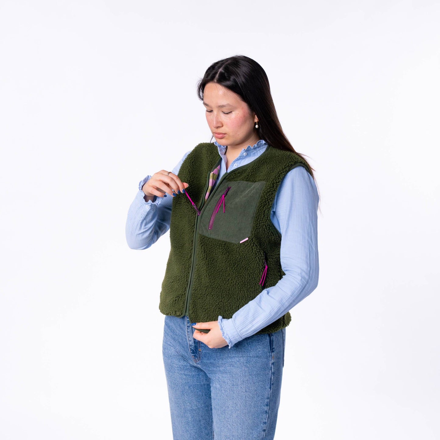 Gilet donna in sherpa con zip color kaki