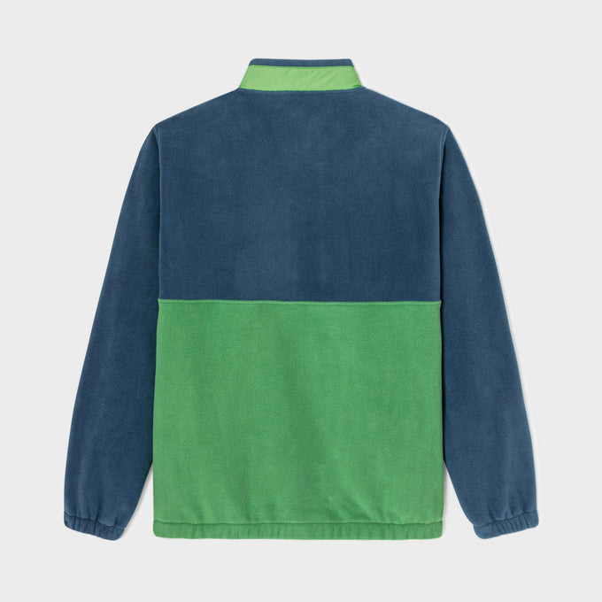 Felpa in pile bicolore blu navy e verde con bottoni