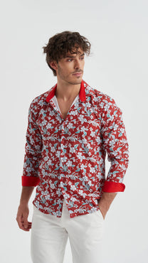 Camicia stretch slim fit rossa a fiori