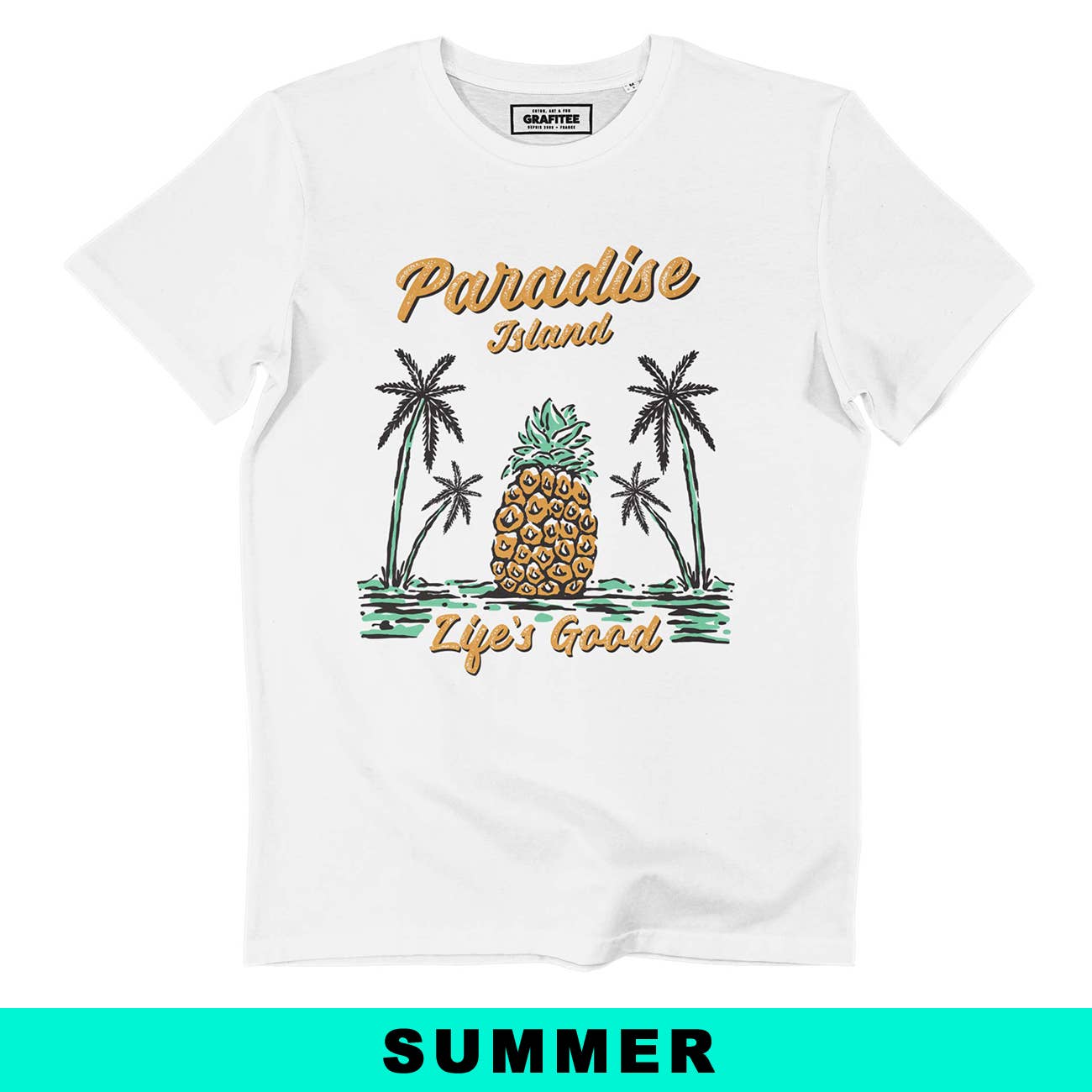 T-shirt Paradise Island con grafica tropicale
