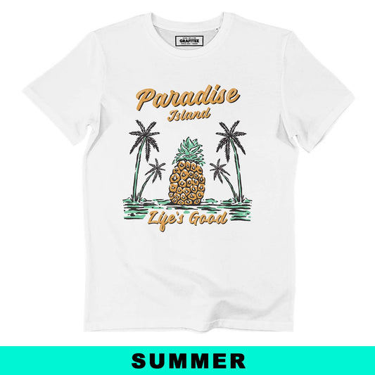 T-shirt Paradise Island con grafica tropicale