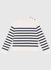 Maglione ecru a righe con bottoni sulla spalla