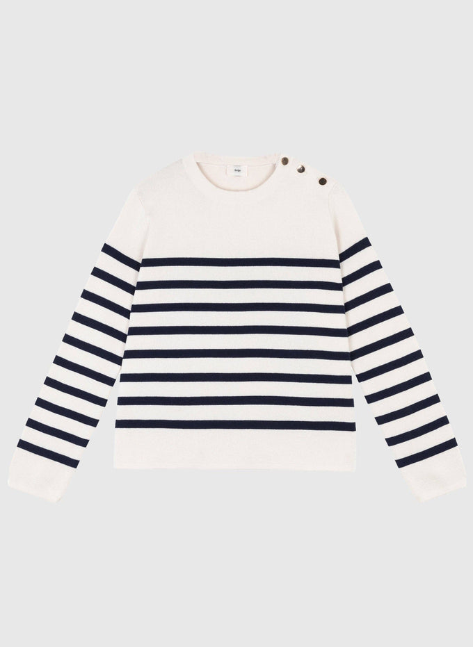 Maglione ecru a righe con bottoni sulla spalla