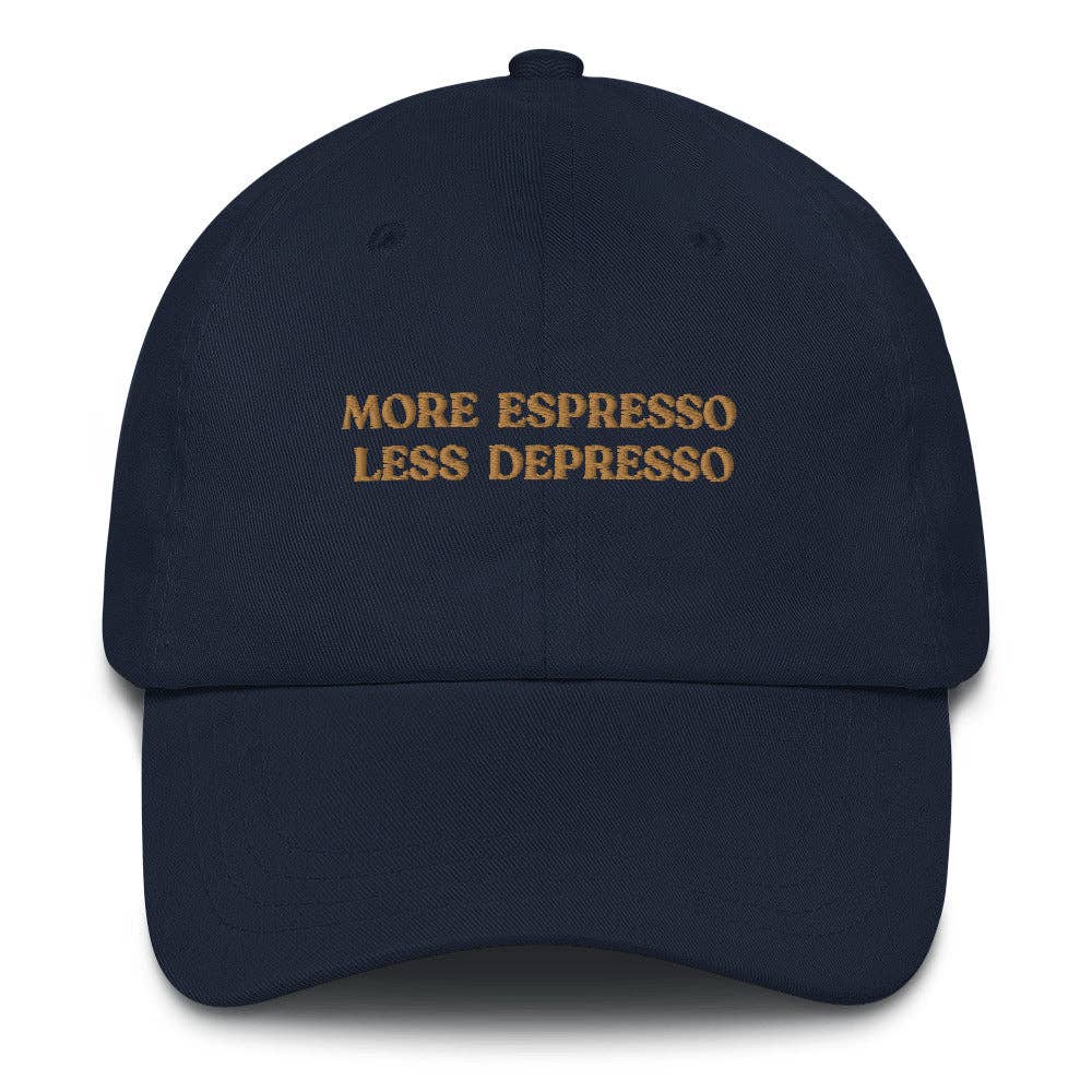 Cappellino Dad Hat in cotone con ricamo “More Espresso Less Depresso”