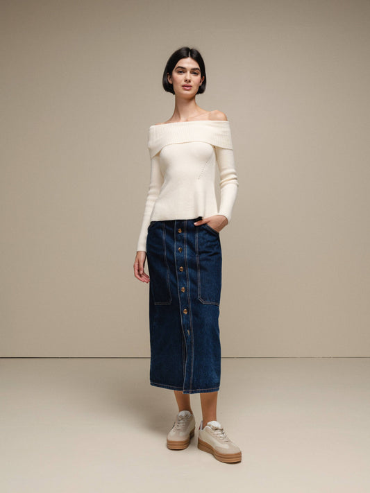 Maglione in maglia off-shoulder a coste