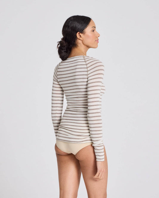 Maglia Amalie a righe marinare in lana ecru e grigio mélange