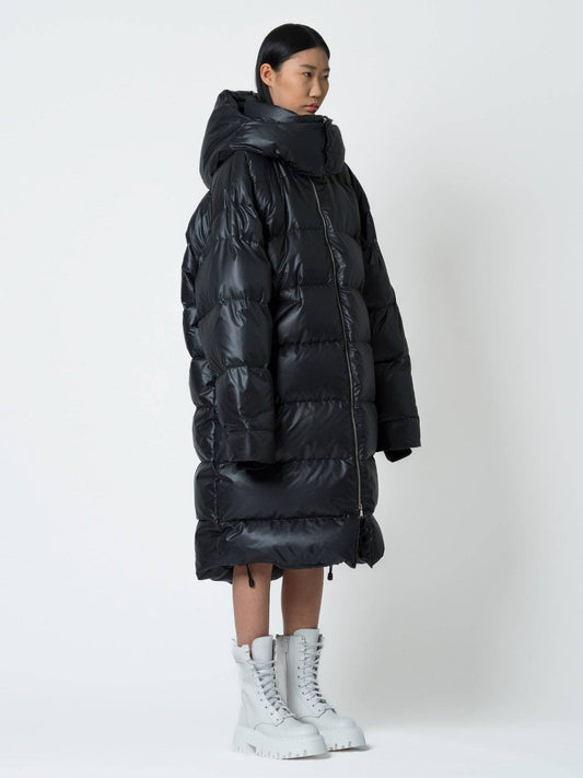 Parka lungo nero con logo e cappuccio removibile