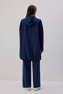 Gilet lungo con zip e cappuccio blu navy