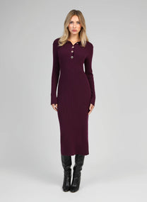 Abito lungo in maglia a coste color vino con colletto polo