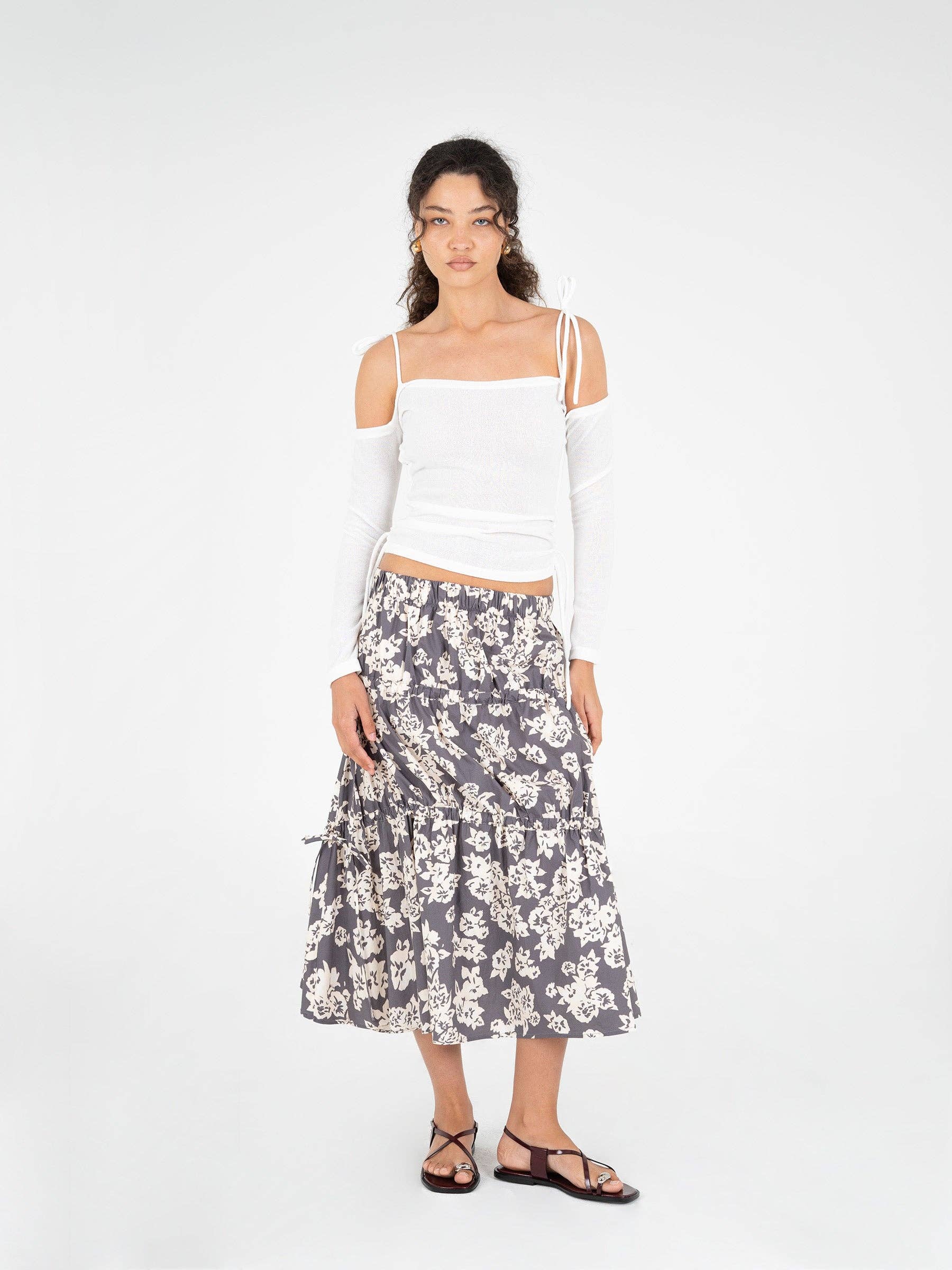 Gonna lunga floreale Seraphine con lacci arricciabili