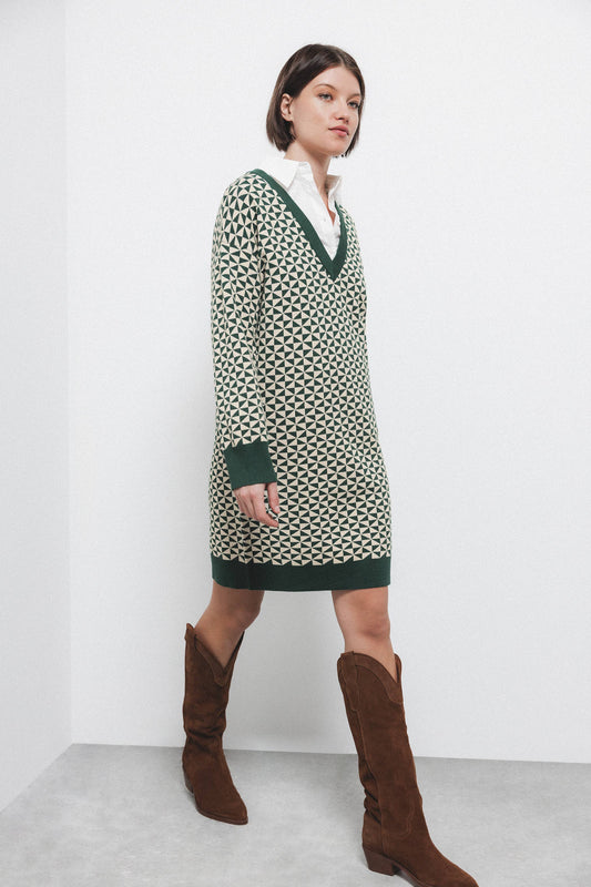 Abito jacquard con scollo a V