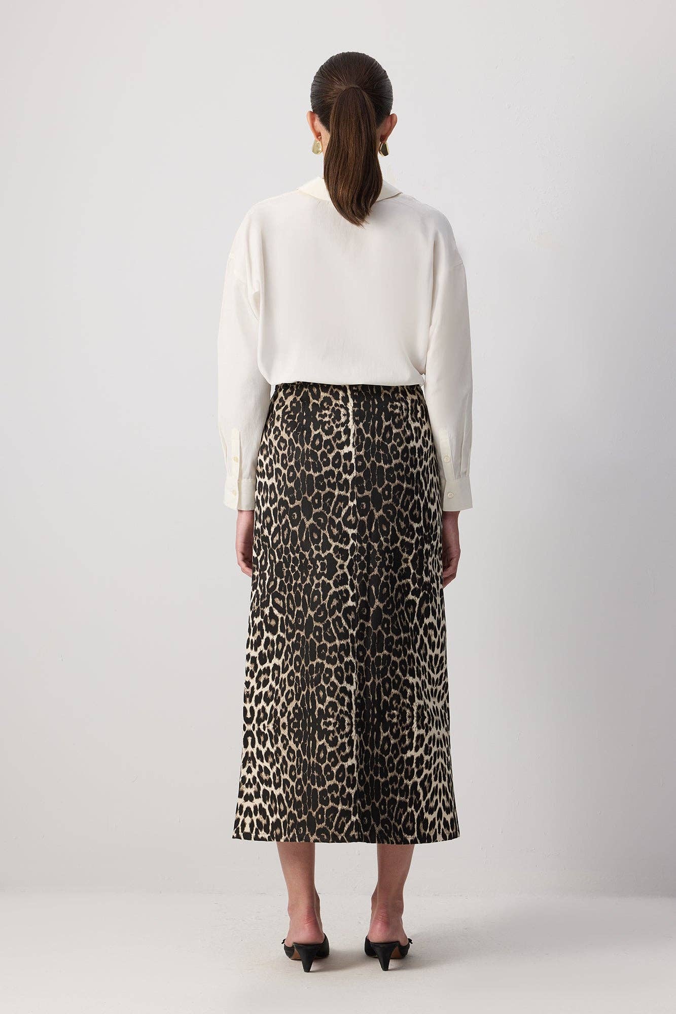 Gonna midi in gabardine a stampa leopardata