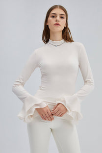 Blusa in maglia ecrù con maniche a balze in chiffon