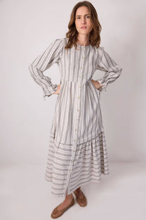Abito camicia maxi in cotone a righe con polsini arricciati