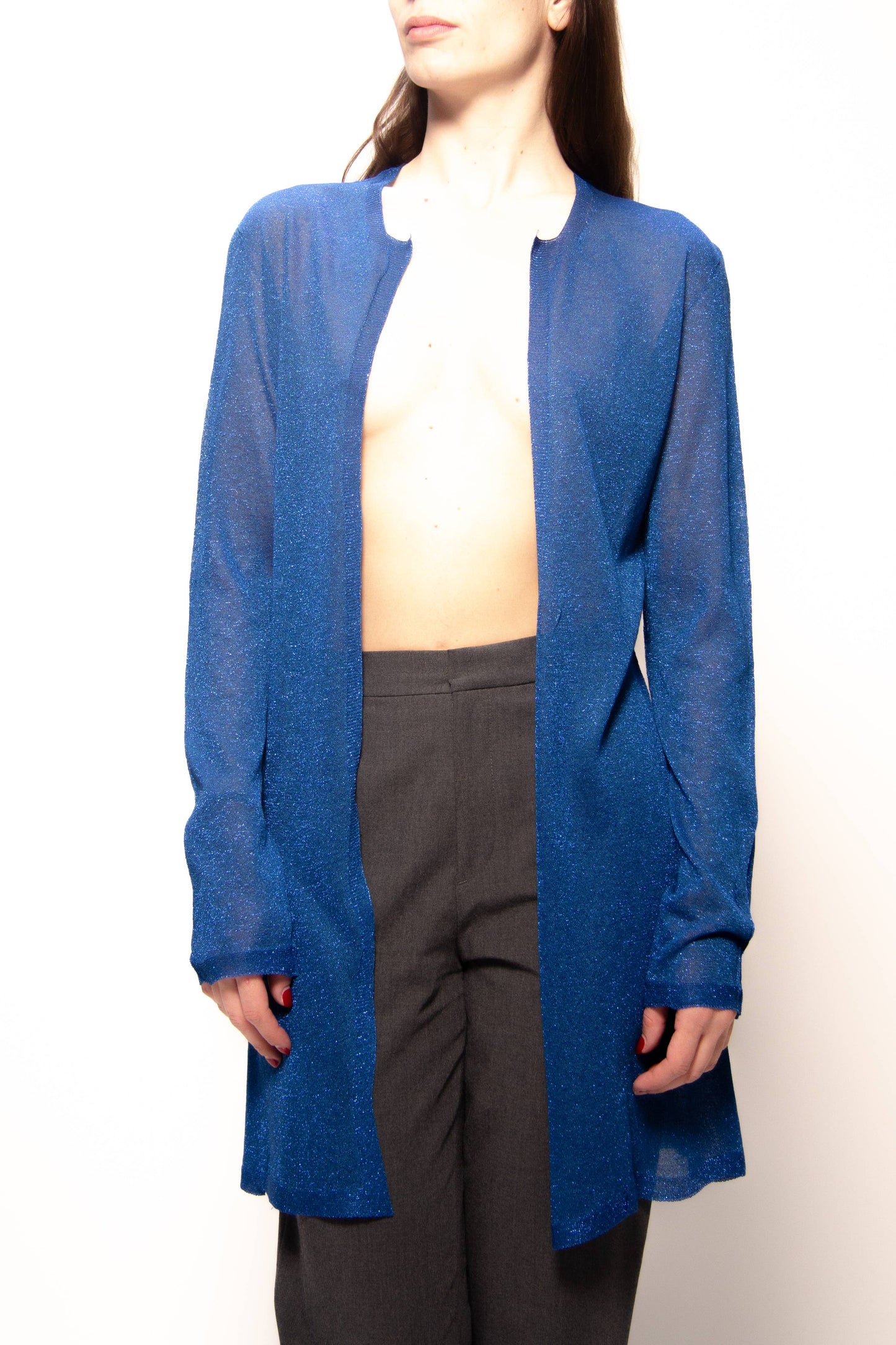 Cardigan lungo in lamé glitterato a maglia 3D