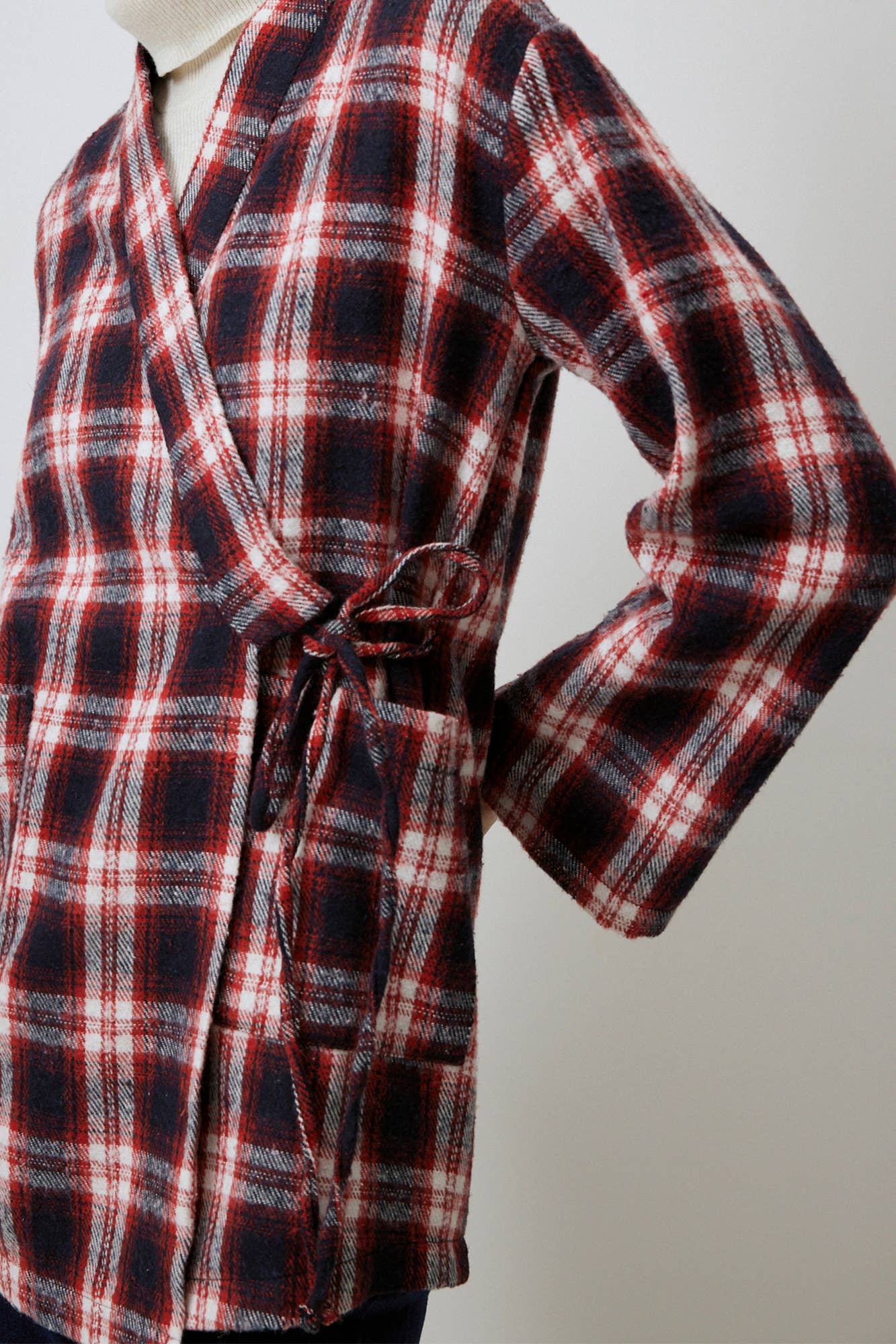 Giacca kimono avvolgente a quadri in misto cotone con cintura