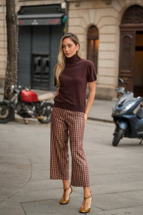 Pantaloni cropped a quadri con paillettes