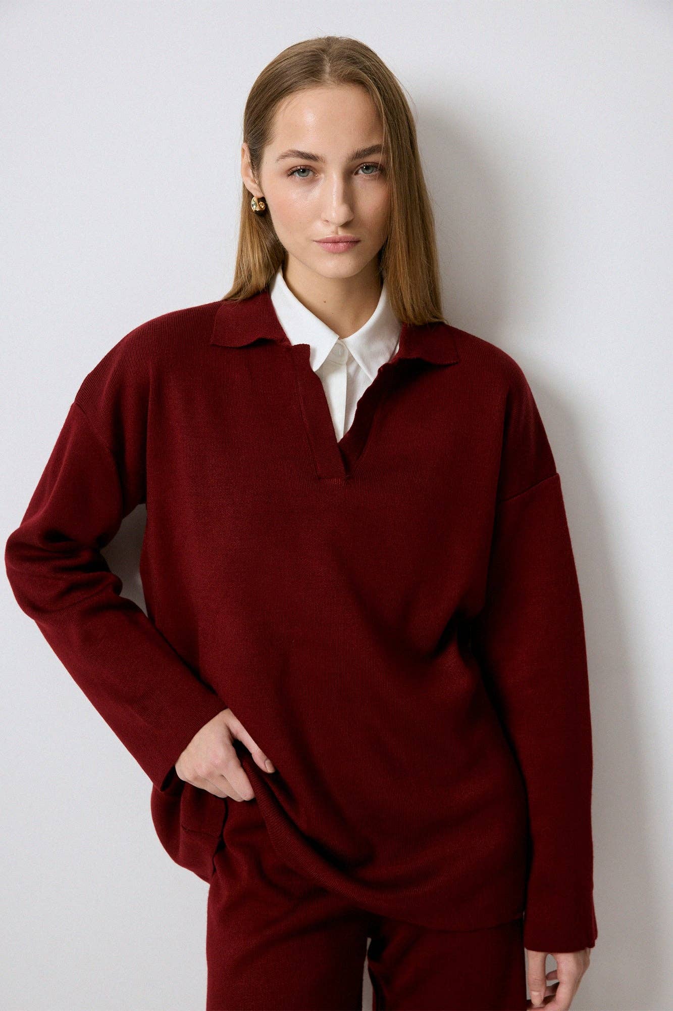 Set tunica e pantaloni in maglia con colletto a coste