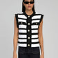 Cardigan smanicato a righe con bottoni gioiello