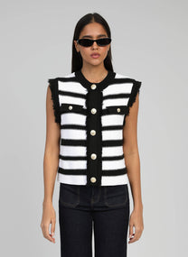 Cardigan smanicato a righe con bottoni gioiello