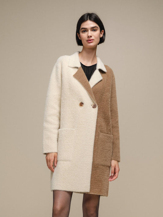 Cappotto bicolore effetto bouclé cammello e panna