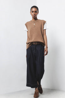 Pantaloni wide leg in denim con impunture a contrasto