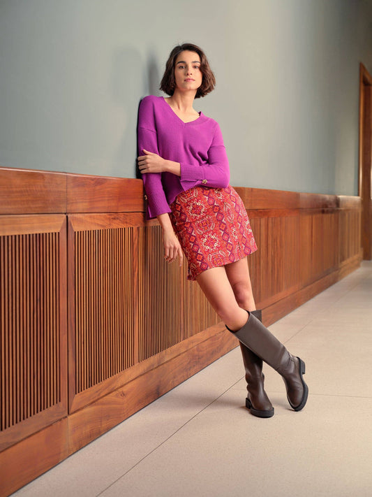 Pullover donna in maglia con scollo a V e polsini con bottoni