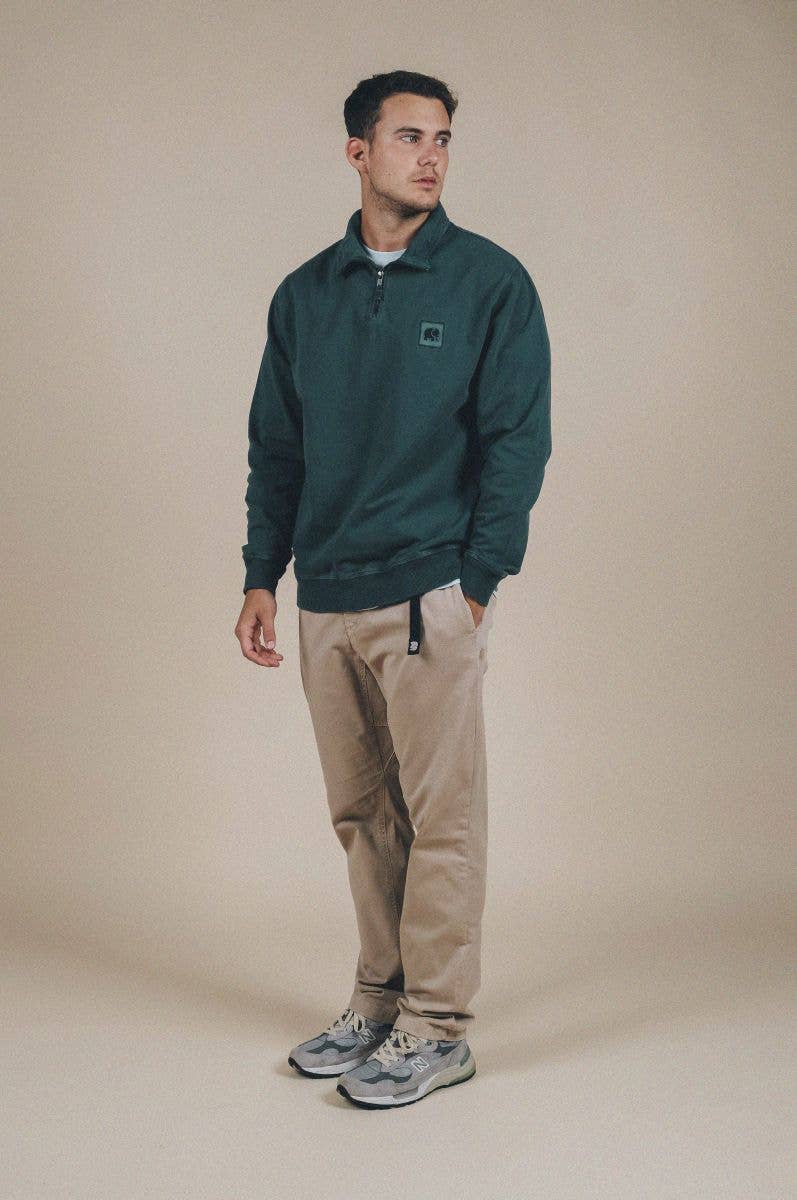 Felpa uomo con zip a quarto tinto a pigmento verde olmo
