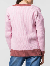 Maglione bicolore a coste con scollo a V