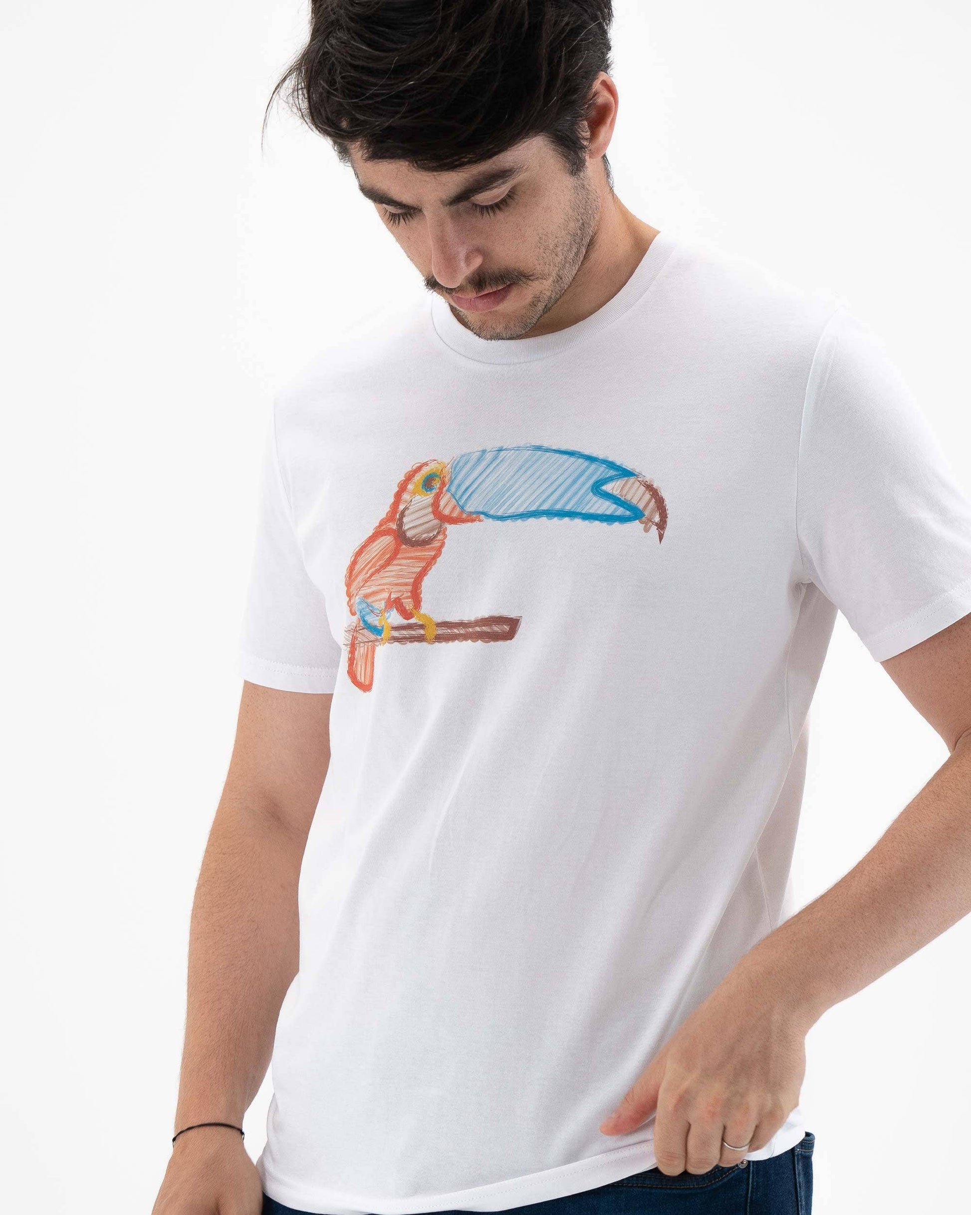T-shirt unisex bianca con stampa tucano