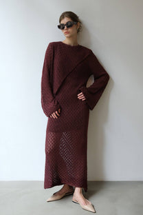 Abito lungo crochet bordeaux in misto cotone