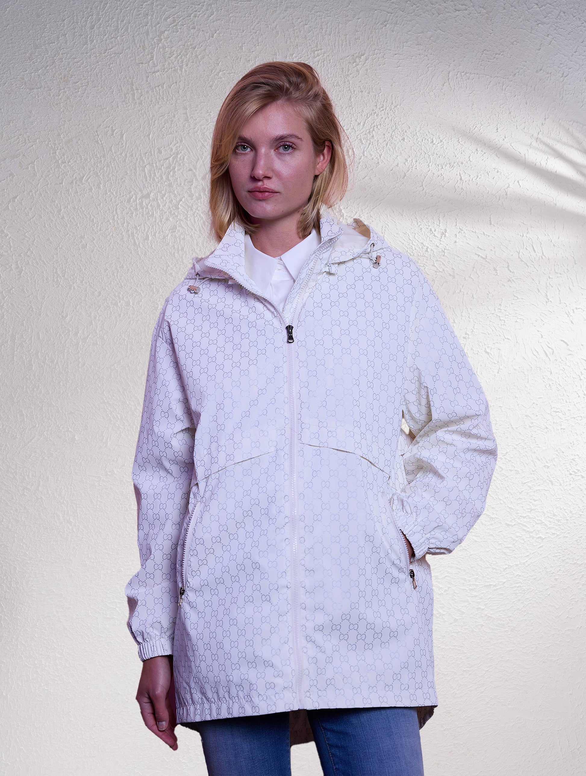Parka lungo stampato con cappuccio rimovibile