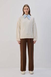 Pantaloni a coste in viscosa con elastico e coulisse in vita