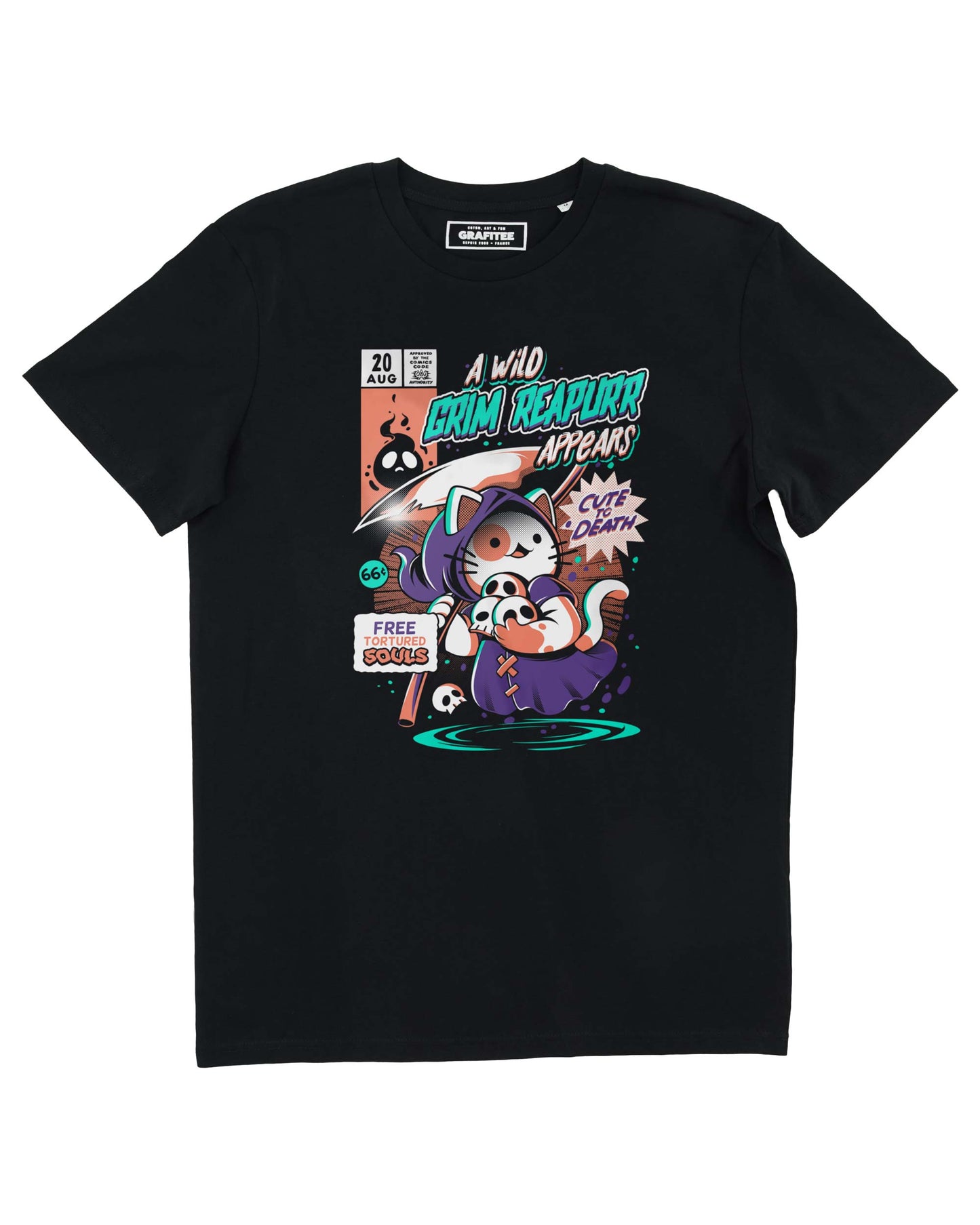 T-shirt unisex nera con stampa gatto Grim Reapurrr